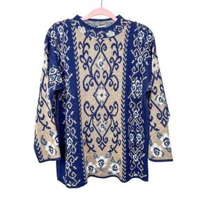Colter Bay Vintage Fall Floral Sweater Navy Blue Beige Mock Neck